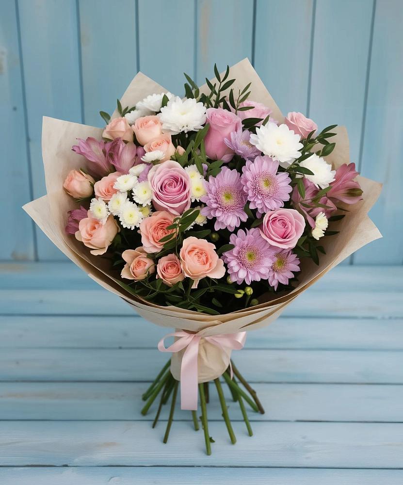 Букет цветов из: Хризантемы, Розы и Альстромерии в Чернь