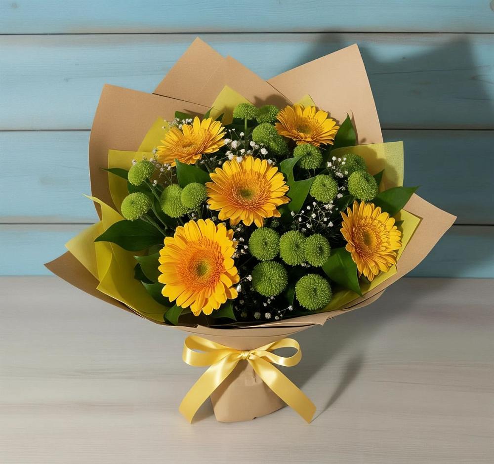 Букет цветов из: Герберы и Хризантемы в Чернь
