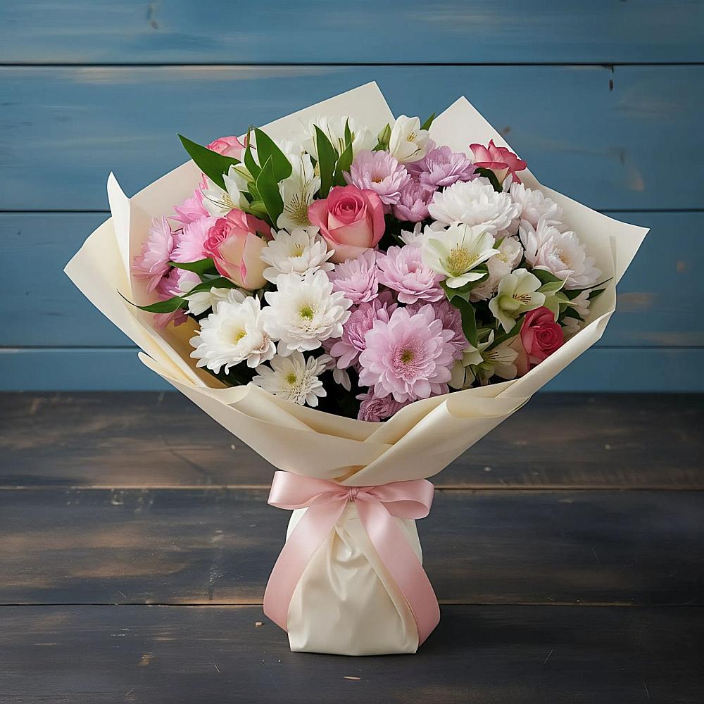 Букет цветов из: Хризантемы, Альстромерии и Розы в Чернь